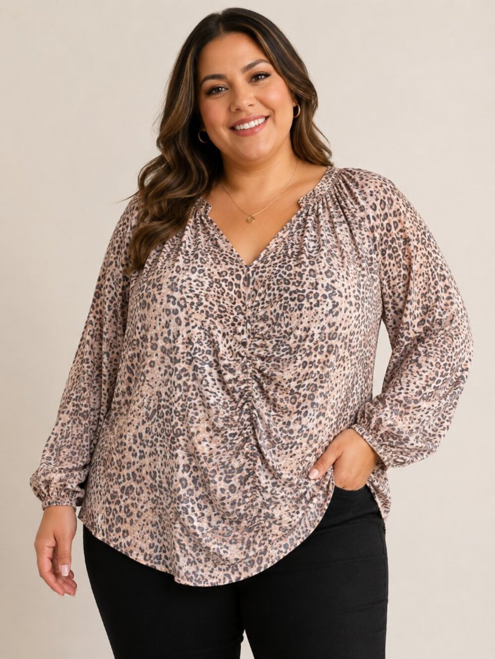 Zac & Rachel Petite 2X Leopard Print Blouse Long Sleeve V Neck Tunic Top